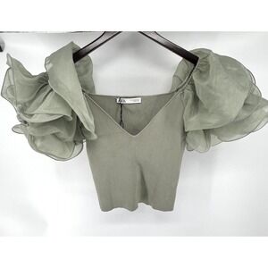 Zara Sage Green Puff Sleeve Ribbed Button Down Shirt